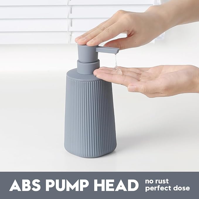 Small Soap Dispenser for Bathroom and Kitchen, Modern Farmhouse Striped Style Plastic Hand Soap Dish Soap Dispenser with Pump Matte Gray