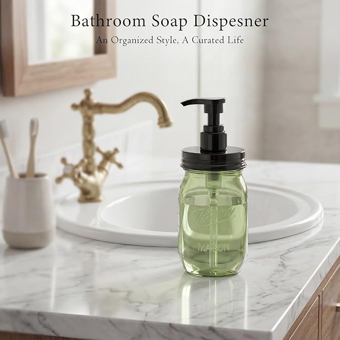 Amolliar Plastic Mason Jar Soap Dispenser with Pump Lid,16OZ Refillable Hand Soap Dispenser Set with Cute Lables - Farmhouse Decor for Kitchen Bathroom, Liquid Soap, Dish Soap, Lotion (2 Pack, Green)