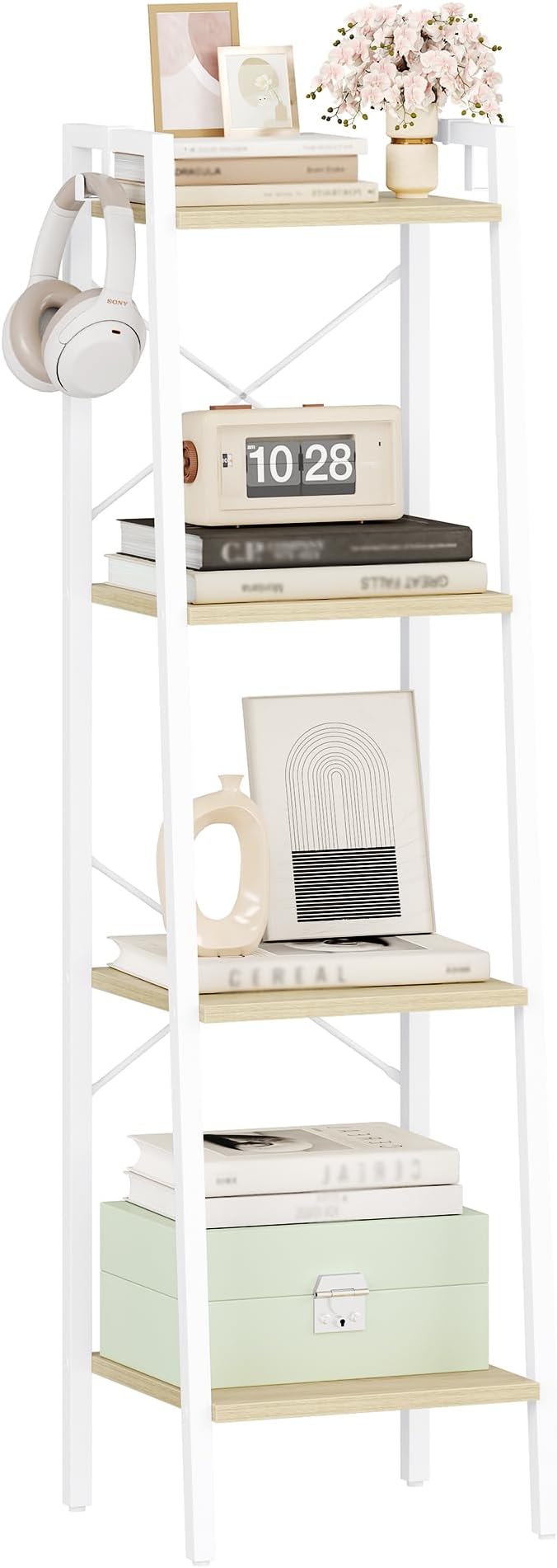 Ladder Shelf, Bookshelf Bookcase, Freestanding Corner Storage Shelve with 2 Hooks for Home Office, Living Room, Kitchen, Bedroom, Industrial, 11.8" D x 13.4" W x 47.2" H, White Oak and White