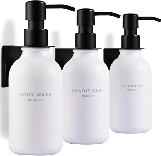 MaisoNovo Shampoo and Conditioner Dispenser - Shower Soap Dispenser Wall Mounted - 16.9 fl oz Set of 3 White Plastic Bottles Black Plastic Pump - 3 Chamber No Drill