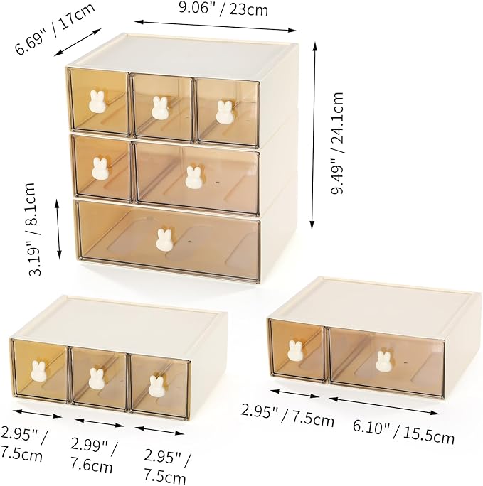 Desktop Storage Drawers, Plastic Desk Organizer with 6 Drawers, Modular Stackable Toolbox Units for Office Stationary, Makeup Container, Bathroom Countertop (3 Tiers, Cream & Clear)