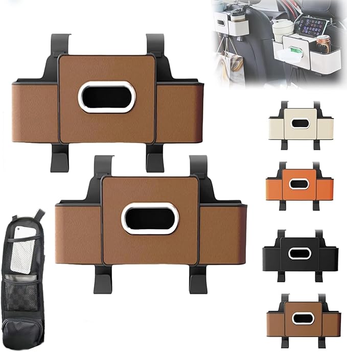 Car Organizers and Storage Box, Car Organizers and Storage Box Behind Set, 4 in 1 Multifunctional Cars Organizer and Storage Back Seat for Hold Phone, Drinks, Handbag, Universal Fit (Brown*2)