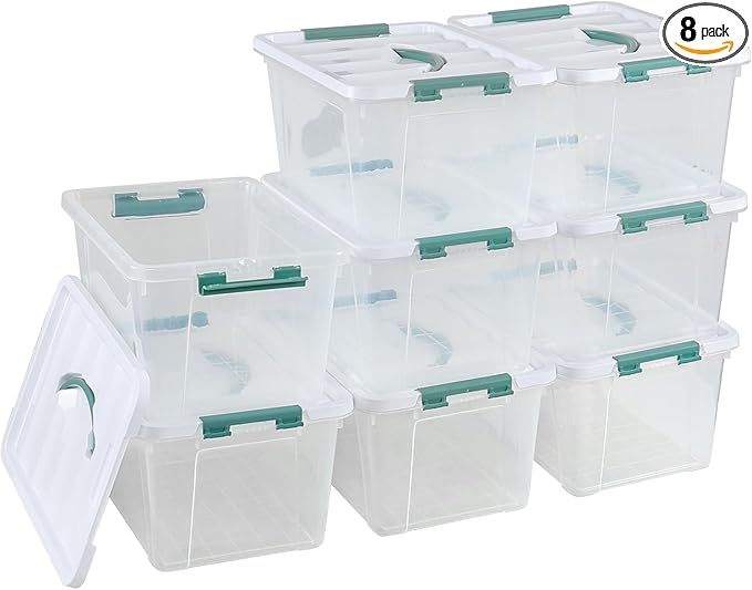 Tyminin 14 Qt Latching Storage Box, Multipurpose Stackable Storage Container Tote for Home or Office Organization, Clear (8 Pack)