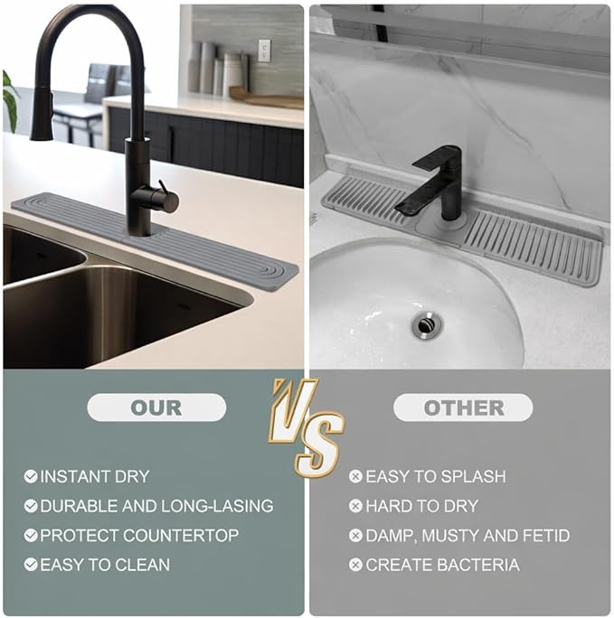 Meiliweser Stone Faucet Mat for Kitchen Sink, Quick Dry Diatomite Sink Splash Guard, Upgraded U-shaped Drying Sink Protectors, Non-Slip Stone Tray for Bathroom Counter (23.6" x 4", Dark Gray)