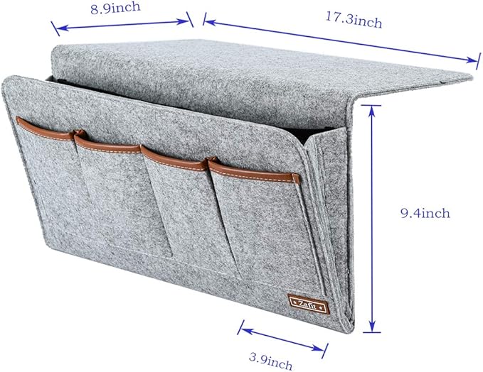 Zafit Bedside Caddy, Large Size Storage Organizer with 7 Pockets for Magazine, Remotes, Phone (17.3'' x 18.1'', Light Grey)