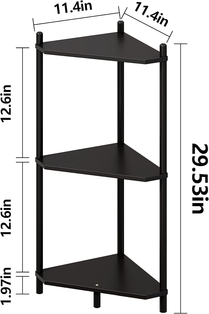 Corner Shelf Stand - 3 Tier Bamboo Small Corner Bookshelf for Office Kitchen Bedroom Plant Stand Living Room Decor Small Space (Black, 3 Tier)