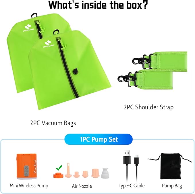 Zurligi Vacuum Bags with Pump for Travel – IPX8 Waterproof Reusable Carry-On Compression Bags for Clothes, Suitcase & Luggage(2-Pack, Green)