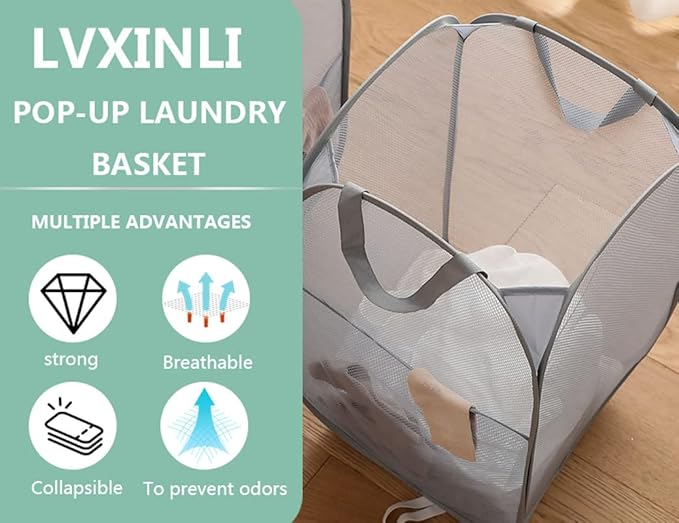 2 Pack Mesh Laundry Basket,Foldable Popup Laundry Hamper with Durable Handle,Easy to Open and Fold for Dorm, Laundry Room, Bedroom, RV(Gray+ Gray)…