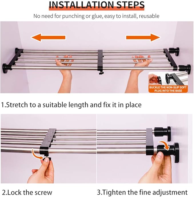 Hershii Expandable Closet Tension Shelf Rod Adjustable Metal Storage Rack Cabinet Organizer DIY Divider Separator Shelves for Wardrobe Cupboard Kitchen Bathroom, Black, 19.69-31.5inches