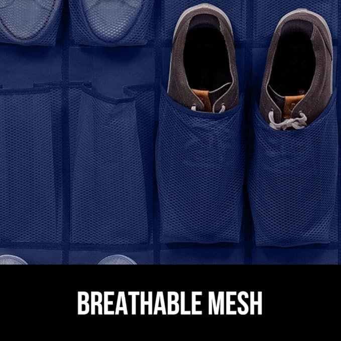 GORILLA GRIP Over the Door Shoe Organizer, 24 Large Breathable Mesh Pockets, Space Saving Hanging Storage Holder, Closet Rack Hanger Holds Up to 40 lbs, Hangs on Closets for Shoes, Accessories, Navy