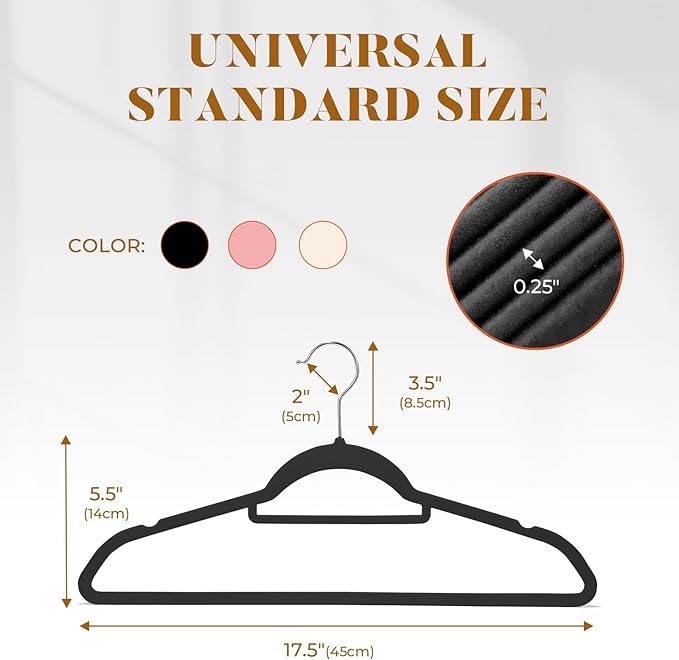 HOUSE DAY Velvet Hangers 60 Pack, Non-Slip Hangers with Tie Bar, Premium Slim Clothes Felt Hanger Standard Hanger 360° Swivel Hook for Closet Organized Storage，Elegance Black