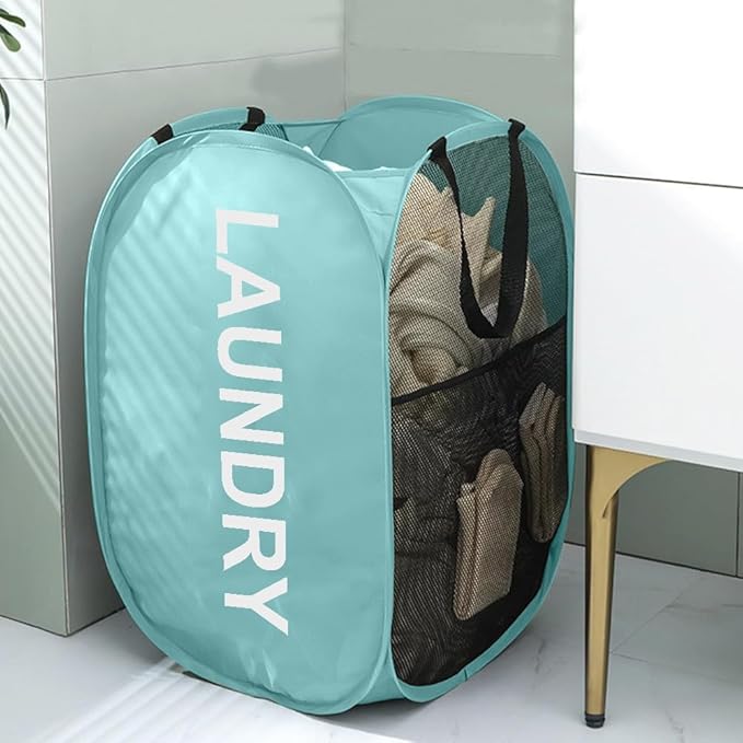 Larpur Pop Up Laundry Baskets, 2 Pack Mesh Laundry Hampers Collapsible Clothes Hampers for Home, Dorm, Travel (Black + Blue)