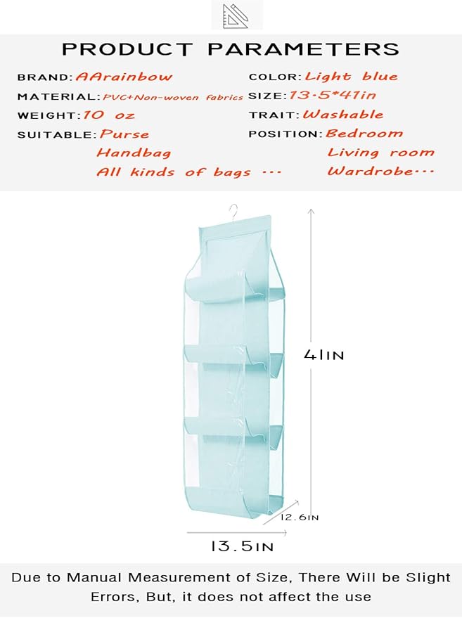 AARAINBOW 1 Pack Hanging Handbag Purse Organizer, Handbag Organizer with 8 Easy Access Pockets, Purses Holder Wardrobe Closet Space Saving Organizers, 41 L x 13.5W (B-Blue)