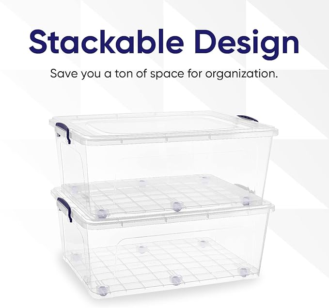 Superio Storage Containers With Wheels (3 Pack), Stackable Large Storage Containers With Lids, Durable Latches (60 Quart)
