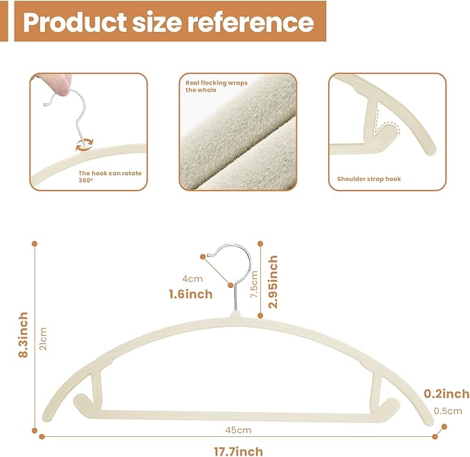 Jiang&Rong 60 Pack Beige Velvet Hangers, Ultra Thin Space Saving Non-Slip Clothes Hangers, No Shoulder Bumps Suit Hangers for Sweaters, Jackets, Pants, Dresses & Shirts, Heavy Duty Velvet Coat Hanger