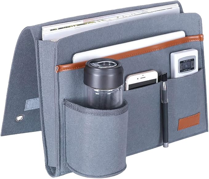 Bringsine Bedside Caddy, Felt Bed Storage Organizer Hanging Bag Holder with 5 Pockets for Magazine Book Phone Tablet iPad Cables Remote & Water Bottle Holder Home Dorm Bed Sofa-Light Teal