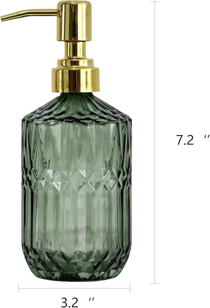 18oz Green Glass Soap Dispenser, Refillable Kitchen, Bathroom Thick Glass Soap Dispenser with Golden Rustproof Pump for Dishwashing Liquid, Hand Soap, Lotion, Body Wash (Green-Golden Pump)