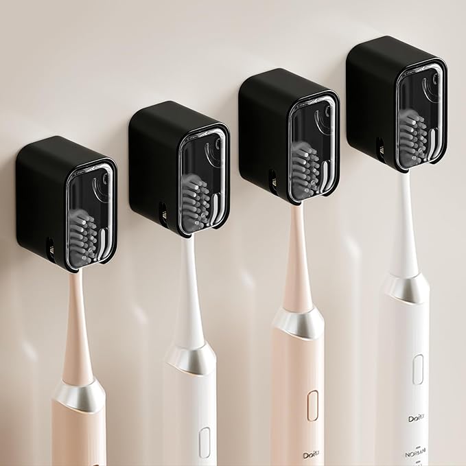 Wall Mounted Toothbrush Holders for Bathroom,Strong Self Adhesive Tooth Brush Holder with Cover, Toothbrush Heads Organizer for Family, 4 Pcs