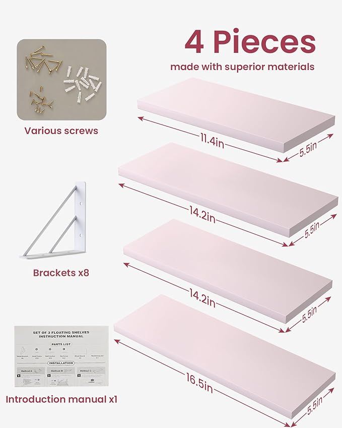 BAYKA Wall Shelves for Bedroom Decor, Floating Wall Shelf for Living Room Kitchen Storage, Mounted Rustic Wood Shelves for Kids Books, Corner Shelf for Bathroom(Pink，16in，Set of 4)