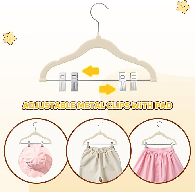 Flottian 36-Pack Baby and Kids Velvet Hangers with Clips, Non Slip and Space-Saving Kids Pants Hangers for Baby/Toddler Pants, Skirts, Coats, Beige