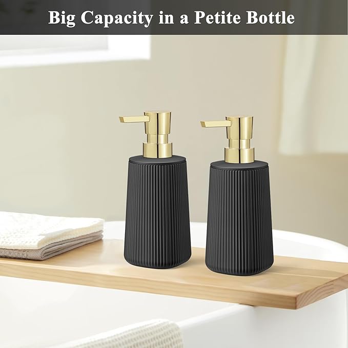 Black and Gold 2 Pack Hand Soap Dispensers with No Rust Pump for Bathroom and Kitchen Countertops Refillable Striped Matte Plastic 8.5 oz