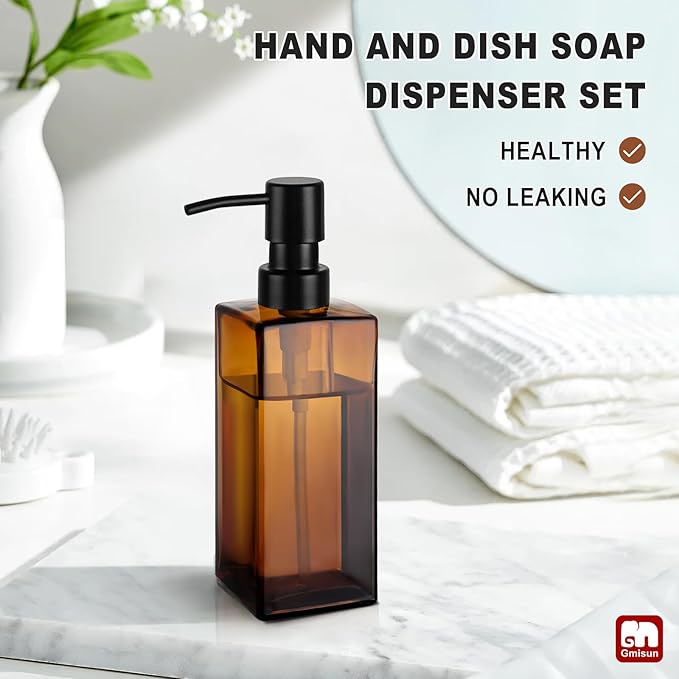GMISUN Amber Glass Soap Dispenser, Hand Soap Dispenser with Stainless Steel Pump for Bathroom, 12 fl oz/350ml Refillable Dish Dispensers for Kitchen, Modern Liquid Lotion Bottles for Countertop