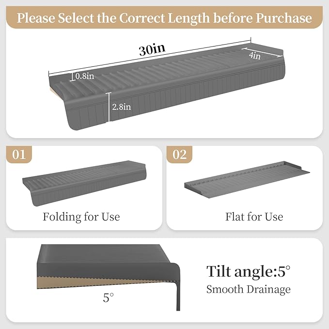 Sink Edge Protector with Suction Cup, 30" x 4", Silicone Sink Splash Guard for Kitchen & Bathroom, Protect Countertop from Scratches, Stains, for Stainless Steel Granite Quartz