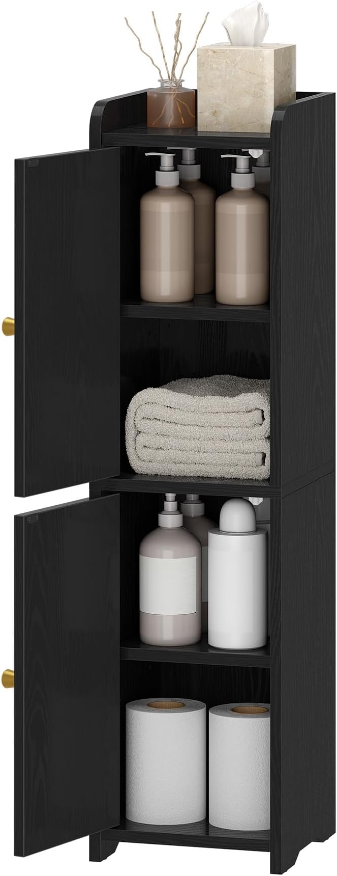 Bathroom Storage Cabinet, Small Corner Floor Cabinet with 2 Doors and Adjustable Shelf, Narrow Toilet Paper Cabinets, Bathroom Organizer for Small Spaces, 7.9" D x 7.9" W x 29.5" H Black