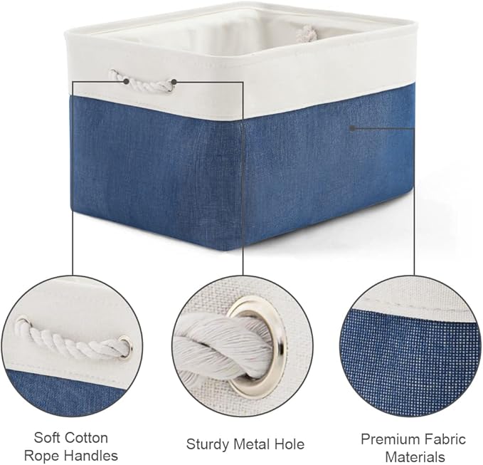 Sacyic Organization and Storage Bins for Shelves - 2 Pack 17X15X12 inch Canvas Storage Cubes Collapsible Baskets for Organizing with Handles, Storage Box for Cloth Decorative (White & Blue)