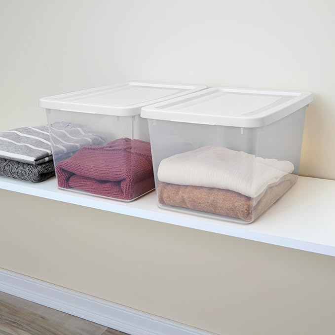 Sterilite 32 Pack Storage Box, 20 Quart Stackable Tote, Clear Plastic Container with Secure Snapping Lids for Home and Office Organization, White