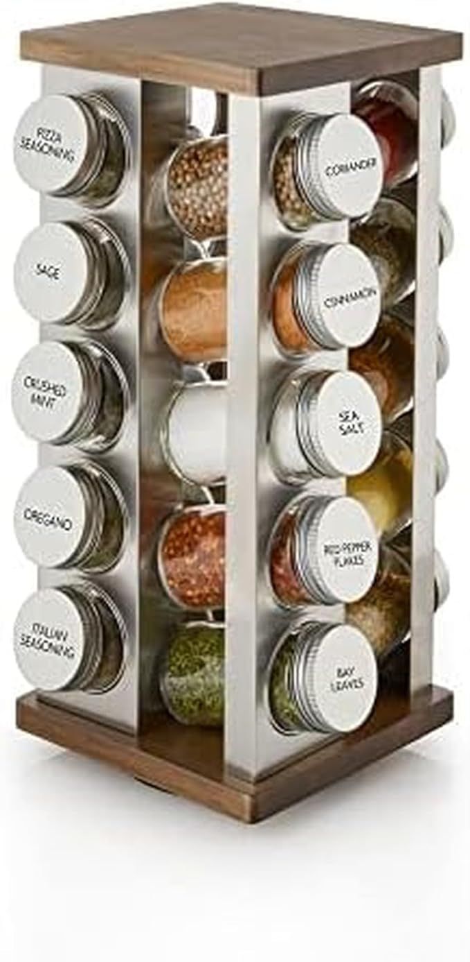 Kamenstein 20 Jar Vintage Revolving Countertop Spice Rack Organizer with Spices Included, FREE Spice Refills for 5 Years, Wood and Stainless Steel with Metal Caps