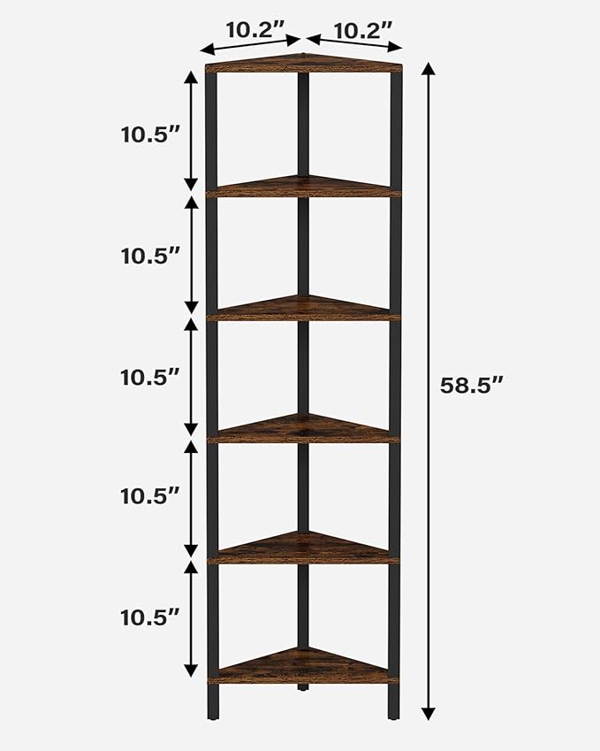 TUTOTAK Corner Shelf, 6-Tier Corner Bookshelf for Small Space, Narrow Display Corner Shelf Stand with Storage Rack, for Living Room, Bedroom, Rustic Brown BS05BB006