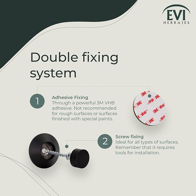 Evi Herrajes | Adhesive Door Stop | Wall Mounting | 1.37x0.59 | Black Lacquered Stainless Steel | Conical Shape | Two Rubbers Included | Adhesive or Screw Installation