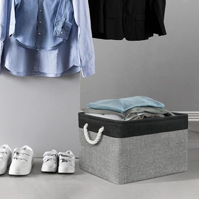 Sacyic Organization and Storage Bins for Shelves - 17X15X12 inch 2 Pack Foldable Baskets for Organizing, Fabric Storage Cubes with Rope, Storage Box for Decorative Cloth (Black & Grey)