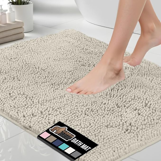 GORILLA GRIP Bath Rug Mat 30x20, Thick Soft Absorbent Chenille, Quick Dry Microfiber Mats, Rubber Backing Washable Shower Floor Rugs, US Designed Bathroom Bathmat Home Decor Accessories, Ivory Cream