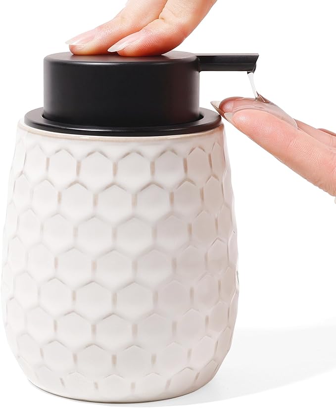 Soap Dispenser, 12 OZ Ceramic Liquid White Hand Soap Dispenser with Honeycomb Design for Kitchen or Bathroom, Refillable Dish Lotion Dispenser, ANTIS'S HOME
