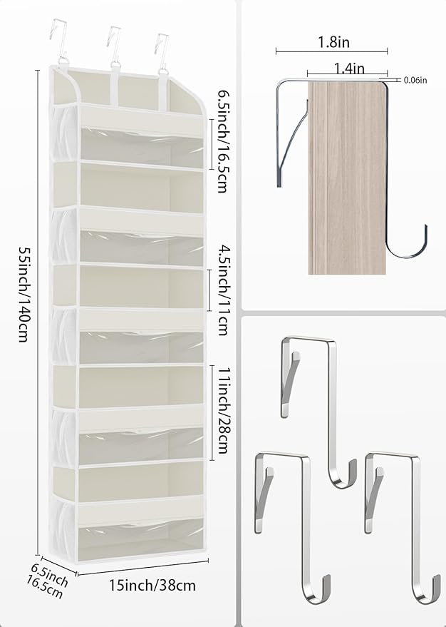 2 Pack Over The Door Storage Organizer with 5 Pockets 10 Mesh Pockets, 44 lbs Weight Capacity Door Hanging Organizers and Storage for Bedroom,Bathroom,Nursery,Kidroom,Babyroom