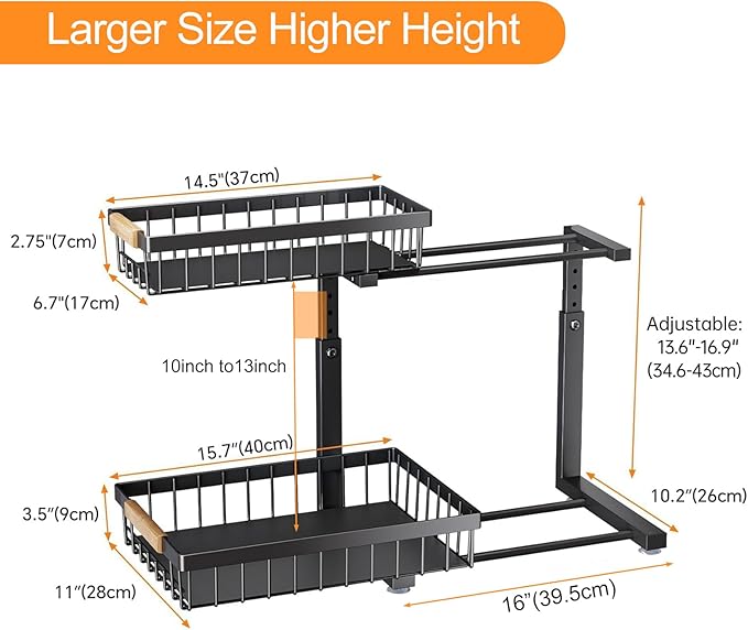 PXRACK 2 Pack Under Sink Organizer,Adjustable Height,2 Tier Pull Out Under Cabinet Organizer,Slide Out Thickened Metal Under Sink Storage for Kitchen Bathroom Laundry Cabinet Pantry,Black