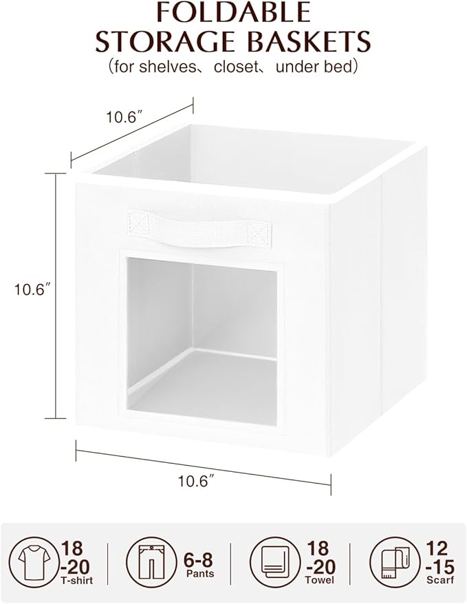 Storage Cube 11 Inch - Cube Storage Bins with Window, Closet Storage Baskets with Handle, Fabric Bins for Closet, Shelves, Toys, Clothes, Set of 10, White