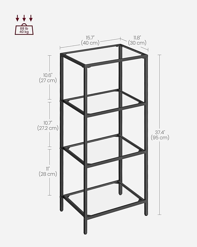 VASAGLE Bookcase, 4-Tier Bookshelf, Slim Shelving Unit for Bedroom, Bathroom, Home Office, Tempered Glass, Steel Frame, Ink Black ULGT028B61