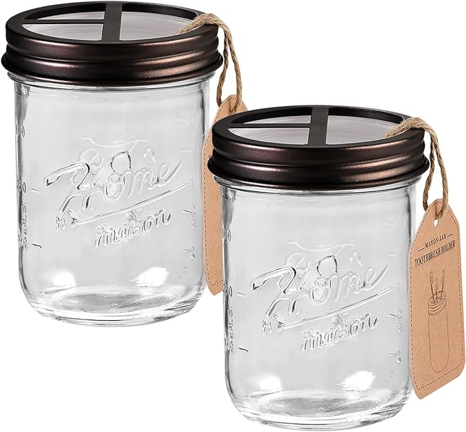 SheeChung Mason Jar Toothbrush Holders, Bathroom Accessories, Bathroom Essentials, Bathroom Organizers and Storage, Bathroom Countertop Organizer, Glass Toothbrush Holders for Bathroom-Bronze, 2Pcs