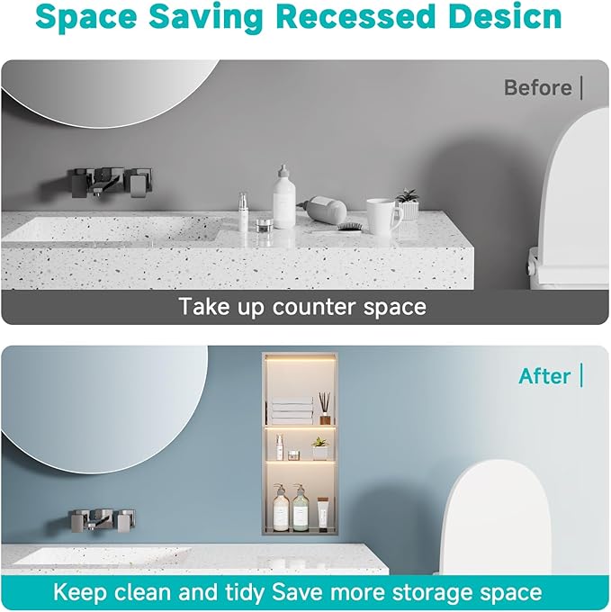 TSIBOMU Stainless Steel LED Lights Shower Niche 12" x 30" – Recessed Wall Niche with 3-Tier Storage, Waterproof & Rustproof Modern Bathroom Shower Shelf (Brushed)