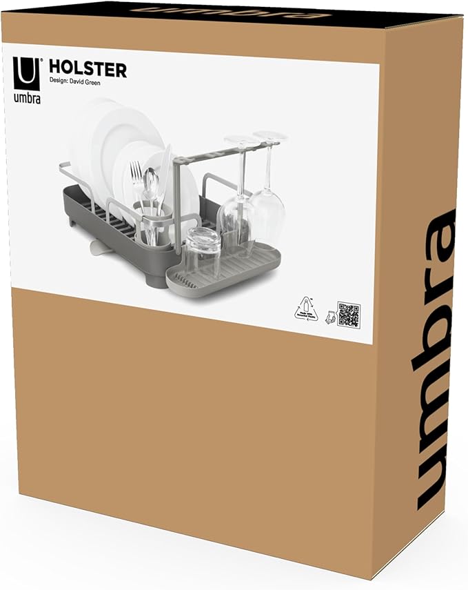 Umbra Holster Dish Rack– Molded Plastic Dish Drying Rack with Drainage Spout, Charcoal