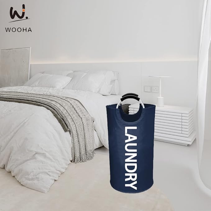 WOOHA 95L Large laundry basket,Collapsible laundry hamper, Tall Clothes Baskets Folding Washing Bin Foldable Fabric Hamper Bags for Bedroom, Closet,Bathroom,College,laundry bag,navy blue