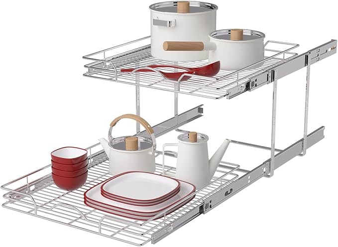 OCG 2 Tier Pull Out Cabinet Organizer (18.5" W x 21" D), Pull Out Drawers for Kitchen Cabinets, Pull Out Shelves for Base Cabinet Organization in Kitchen Bathroom Pantry, Chrome Finish