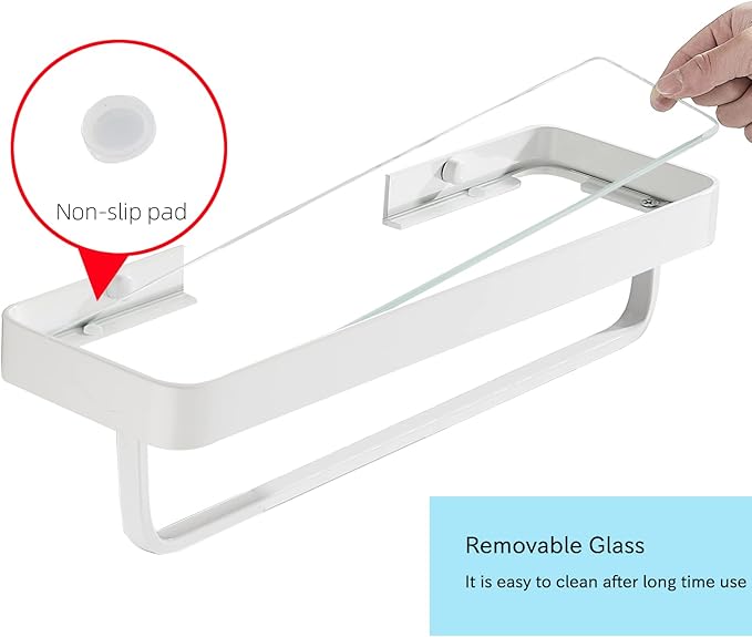 Bathroom Tempered Clear Glass Shelf with Towel Bar Wall Mounted 15.7 Inch Shower Organizer Modern Metal Kitchen Spice Decor Rack Over Toilet Storage Holder Rectangular Vanity White