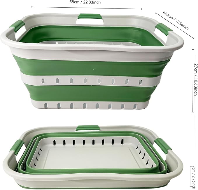 SAMMART 42 (11 Gallons) Collapsible Plastic Laundry Basket, Foldable Pop Up Storage Container/Organizer, Space Saving Hamper, Portable Bin for Dorm Room Bathroom (2, Grey/Dark Sea Green)
