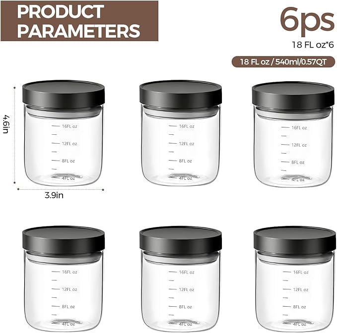 Danbark Set of 6 18oz Airtight Glass Storage Canisters with Lids - Pantry Organizers and Storage Glass for Kitchen - for Pantry, Flour, Sugar, Coffee, Tea, Pasta, Rice, and Snacks - Black