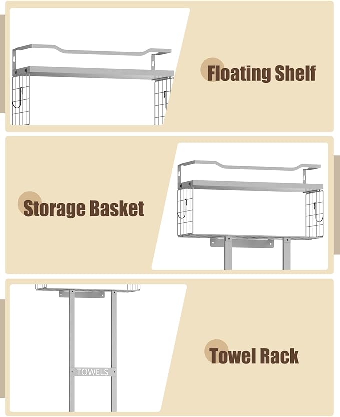 Towel Racks for Bathroom - Wall Mounted Metal Rack with Wood Plank, Bathroom Storage Organizer, Towel Holder Stores 6 Large Rolled Towels Easily, All Grey