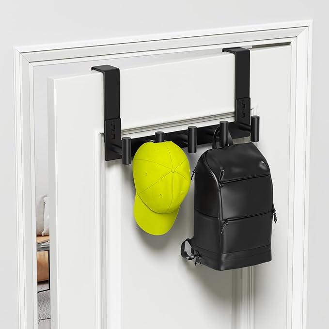 VINHOLD Stainless Steel Over Door Hooks, Over Door Hanger Holder for Robe Cloths, Heavy Duty Towel Hooks, Coat Rack, Doors Organizer for Bathroom, Bedroom, Locker Room & Closet (1 Pack, Black)
